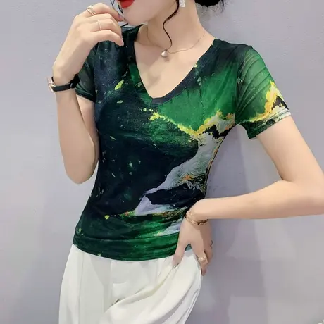 印花T恤女短袖2024夏新款欧货性感V领小衫洋气网纱上衣设计感丅恤图片