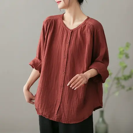 dza复古纯色全棉衬衫女2023春夏新款V领长袖衬衣休闲宽松显瘦上衣图片