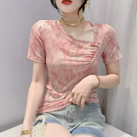 欧货网纱短袖T恤女2024夏装新款性感斜领小衫设计感小众修身上衣图片