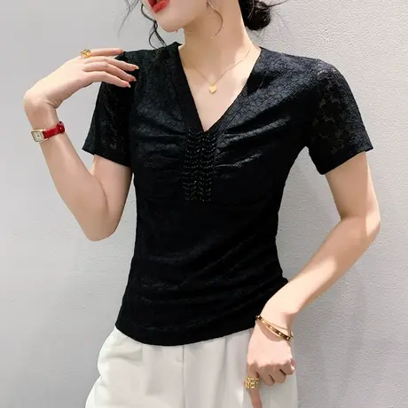 欧货性感黑色蕾丝上衣女洋气钉珠V领小衫夏季百搭显瘦修身T恤短袖图片