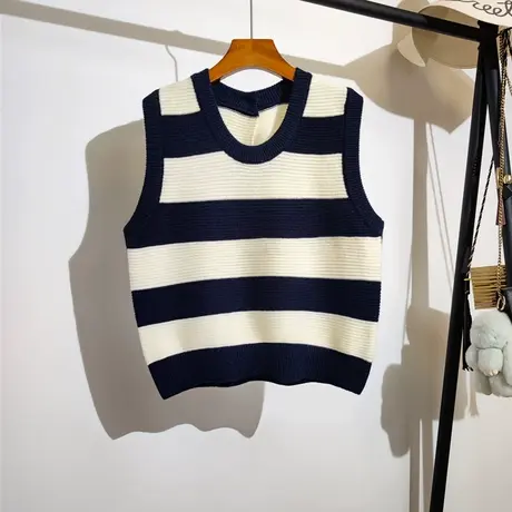 条纹针织马甲背心女春秋叠穿新款宽松圆领学院风无袖毛衣坎肩外搭商品大图