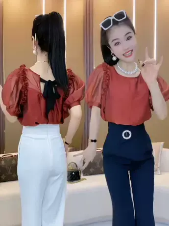 欧货雪纺小衫衫木耳边衬衫女2023夏季新款时尚镂空露背短袖上衣潮图片