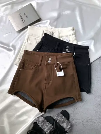 2023秋冬加厚加绒短裤时尚百搭两粒扣辣妹弹力包臀热裤a字阔腿裤商品大图