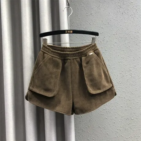 欧货个性口袋休闲裤女2023秋冬新款灯芯绒松紧腰高腰百搭阔腿短裤图片