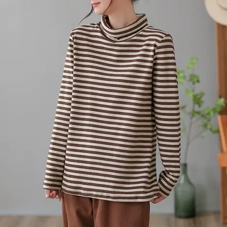 dza复古高领长袖T恤女士春秋新款洋气内搭打底衫宽松休闲条纹上衣商品大图