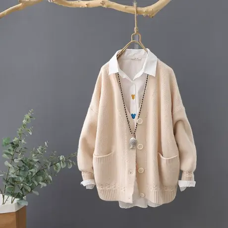 秋冬新款V领单排扣加厚纯色针织开衫女长袖保暖外套毛衣宽松上衣图片
