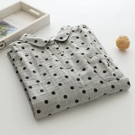 春秋款双层棉纱圆点长袖衬衫女休闲韩范衬衣波点打底上衣图片