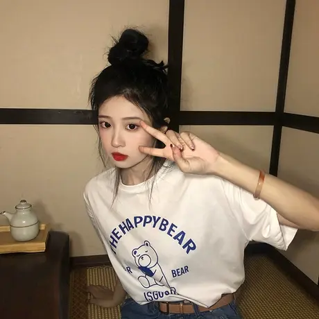 2024夏新款白色短袖T恤女日系简约风百搭打底学生宽松修身上衣潮商品大图