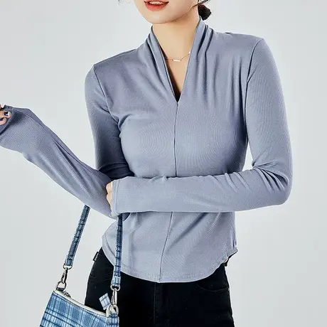 低V领修身短款长袖T恤女2023春秋小心机打底衫内搭锁骨上衣ins潮商品大图