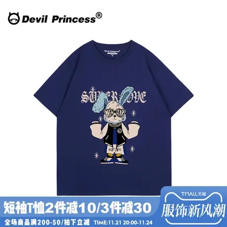 hiphop嘻哈风藏蓝色短袖女t恤宽松大版无性别穿搭小众卡通上衣夏商品大图