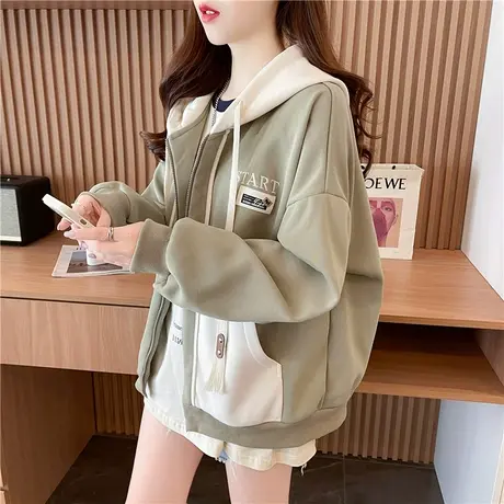 外套女2023新款秋冬韩版宽松加绒加厚撞色保暖百搭小个子开衫卫衣商品大图