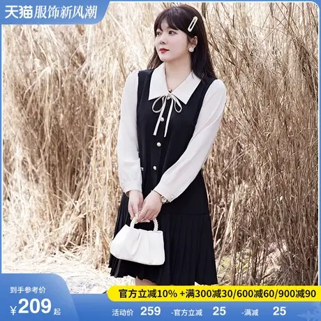 大码女装春季新款学院风垂坠感连衣裙直筒显瘦胖MM百褶长袖衬衫裙图片