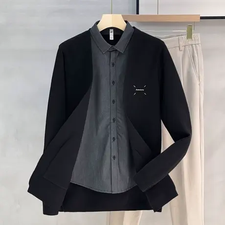 假两件开衫男针织衫衬衣领高级设计感刺绣衬衫潮流薄款毛衣外套男商品大图