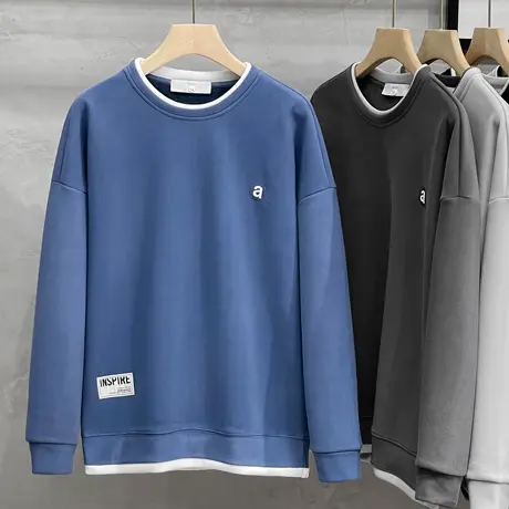 加绒卫衣男潮ins假两件圆领外套上衣男士长袖t恤秋冬新款宽松加厚商品大图