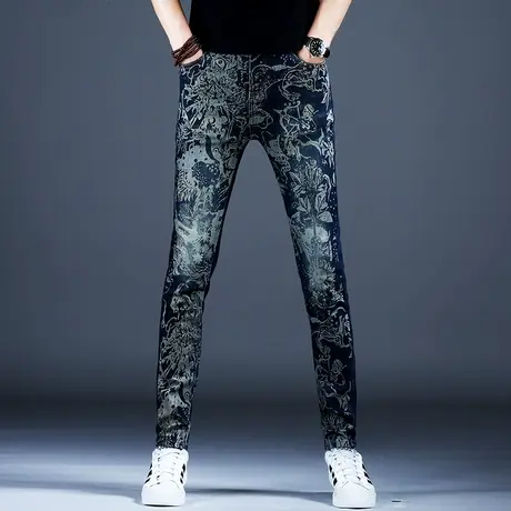 秋冬新款裤子男美式高街2023新款牛仔裤男款小脚修身印花潮流弹力图片