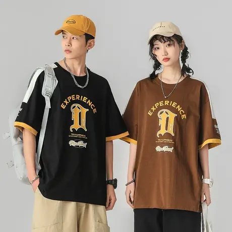 圆领体恤男士撞色短袖男款夏季小众设计感情侣装t恤男装夏日上衣商品大图