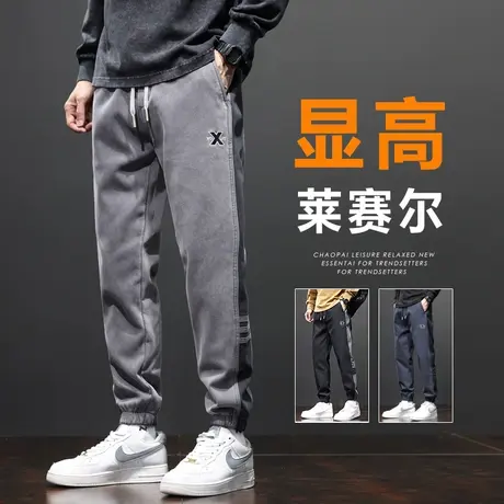 男士侧边条纹法兰绒束脚休闲裤子秋冬款灰色高端痞帅卫裤春季男裤商品大图