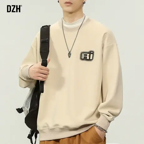 男士杏色重磅圆领男秋季圆领2023新款美式印花上衣宽松打底衫外套商品大图