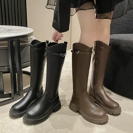 长筒靴女2023年秋冬新款加绒靴子骑士靴简约百搭风粗跟时尚瘦瘦靴商品大图