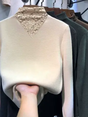 2023秋冬双面德绒蕾丝长袖t恤女上衣洋气内搭显瘦外穿高领打底衫商品大图