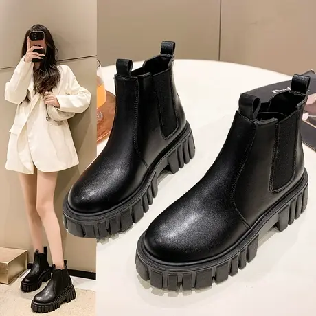 切尔西靴女新款女靴冬季英伦风厚底短靴烟筒靴子增高厚底显瘦瘦靴图片