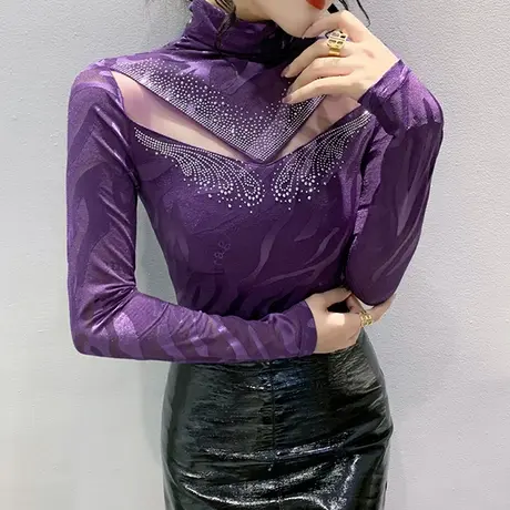 加绒高领打底衫女秋冬烫钻性感镂空网纱T恤长袖修身显瘦时尚上衣商品大图