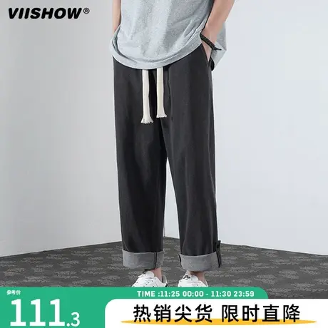 VIISHOW美式复古加绒牛仔裤男款冬季加厚抽绳松紧腰裤宽松阔腿裤商品大图