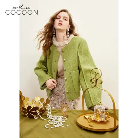 missCOCOON多巴胺冬日2023秋冬新款颗粒绒羊毛短款圆领百搭呢大衣商品大图