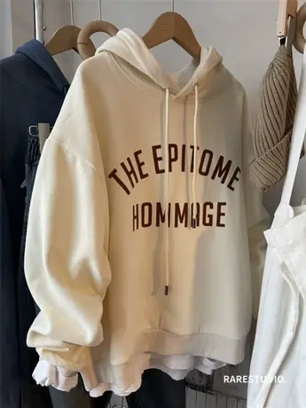 美式复古风加绒加厚棉植绒字母印花宽松百搭连帽卫衣帽衫冬女新款图片