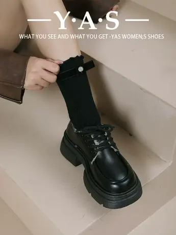 黑色英伦风系带加绒小皮鞋女2023秋冬新款复古增高厚底百搭JK单鞋商品大图