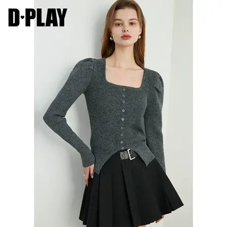 DPLAY春名媛气质灰色方领修身开衩复古风泡泡袖针织套头毛衣图片