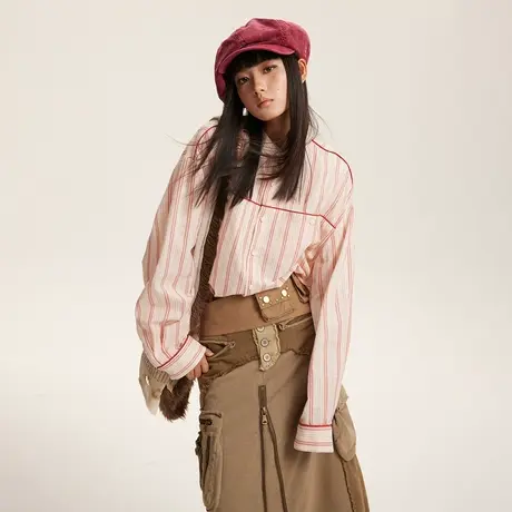 复古立领红色条纹衬衫女春秋2024年新款潮牌上衣宽松oversize衬衣商品大图