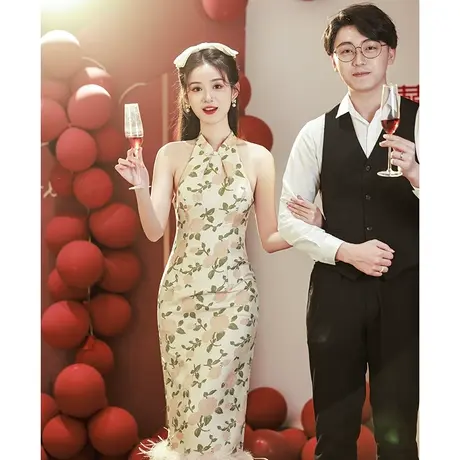 挂脖礼服女夏季敬酒服2023新娘晨袍高端轻奢小众修身鱼尾订婚商品大图