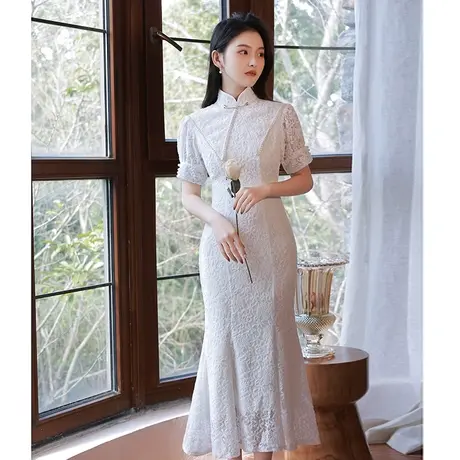 旗袍小晚礼服连衣裙订婚领证登记轻奢小众高端白色仙气鱼尾高级感图片