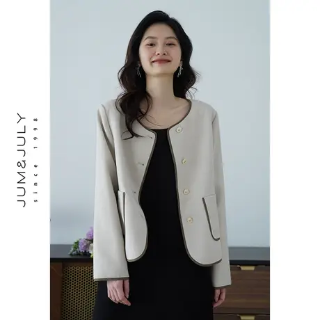 嘉茱莉2025春季新款撞色包边小香风外套女小个子短款上衣短外套商品大图