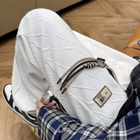 美式复古纹理卫裤男秋冬季休闲宽松大码高街束脚裤抽绳设计运动裤商品大图