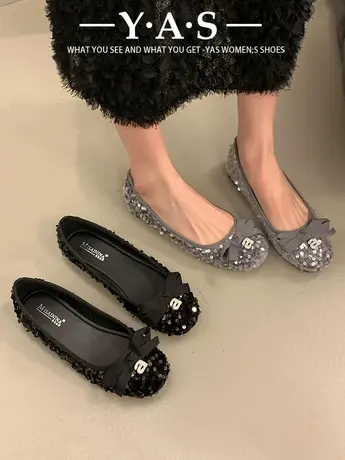 法式仙女风女鞋子单鞋晚晚鞋春秋季复古蝴蝶结小香风平底鞋奶奶鞋商品大图