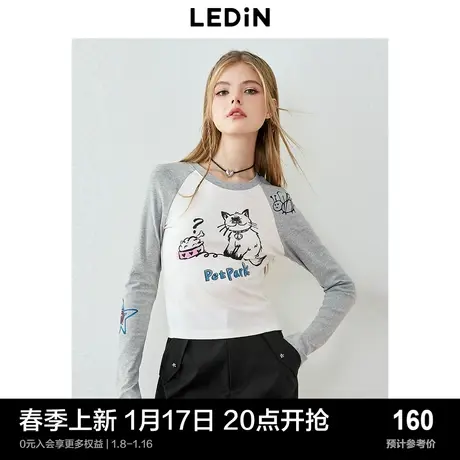 乐町复古休闲涂鸦印花撞色插肩长袖T恤女2024早春新款修身打底衫图片