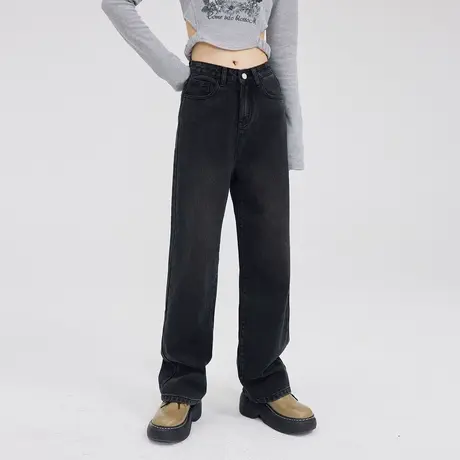 尔给黑色复古直筒高腰牛仔裤女春秋2022年新款小个子港风裤子显瘦商品大图