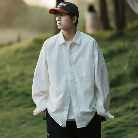 日系cityboy简叠搭工装衬衫男春季新款宽松休闲纯色长袖外套衬衣商品大图