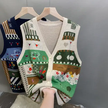 2024新款马甲V领提花针织背心女坎肩上衣春秋造型感叠穿无袖开衫商品大图