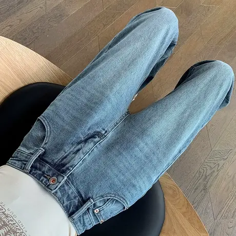 浅色高腰阔腿牛仔裤女春秋新款宽松直筒百搭拼色显瘦垂感拖地裤子图片