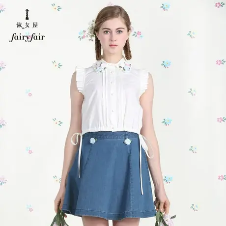 淑女屋夏装新款翻领飞飞袖单排扣短袖白衬衣女上衣衬衫图片