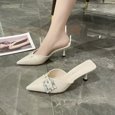 法式包头半拖女细跟水钻2024年新款尖头外穿凉拖鞋气质名媛高跟鞋商品大图