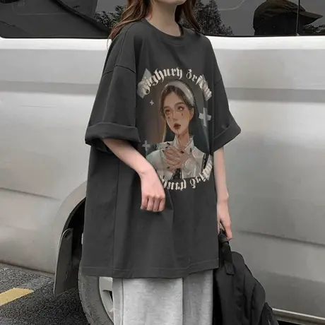 纯棉设计感美式复古短袖t恤女夏季新款小众潮牌韩版宽松半袖上衣图片