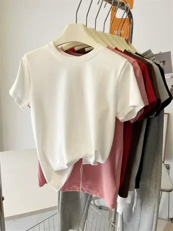 基础团宠~纯色正肩短袖T恤女春秋夏修身显瘦棉质chic打底衫上衣商品大图