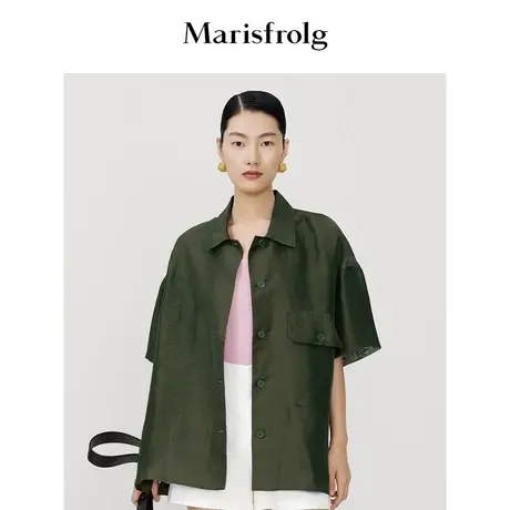 【商场同款】玛丝菲尔2023年夏季新款墨绿色气质翻领休闲短袖衬衫商品大图