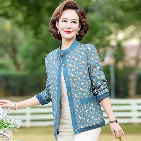 妈妈装蕾丝花边立领小衫外套洋气中老年女装春秋碎花短款薄款上衣图片