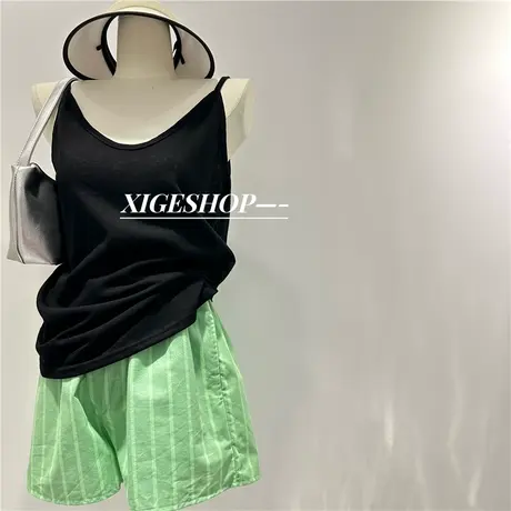 绿色竖条纹休闲短裤女显白洋气松紧腰a字显腿长沙滩热裤韩系小众商品大图