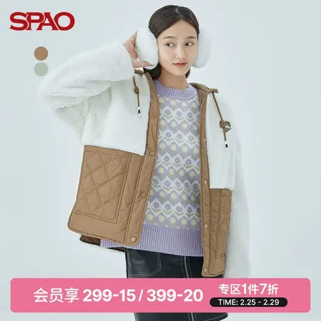 SPAO女士外套春季新款仿羊羔毛绗棉拼接戴帽夹克SPFZC4TS20商品大图